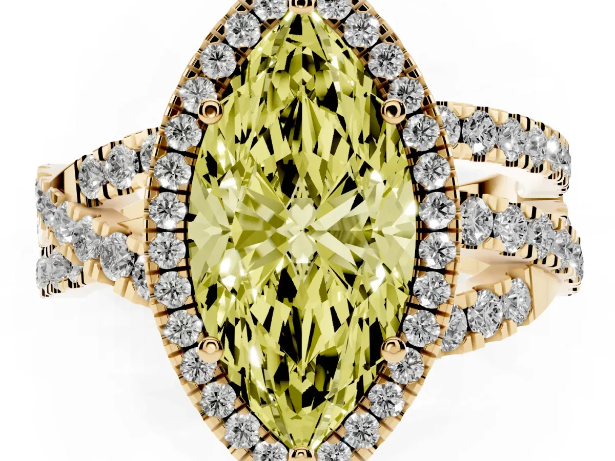 Fancy Yellow Marquise Cut Diamond Halo Ring with Round Split Shank and Prong Setting Yellow gold
