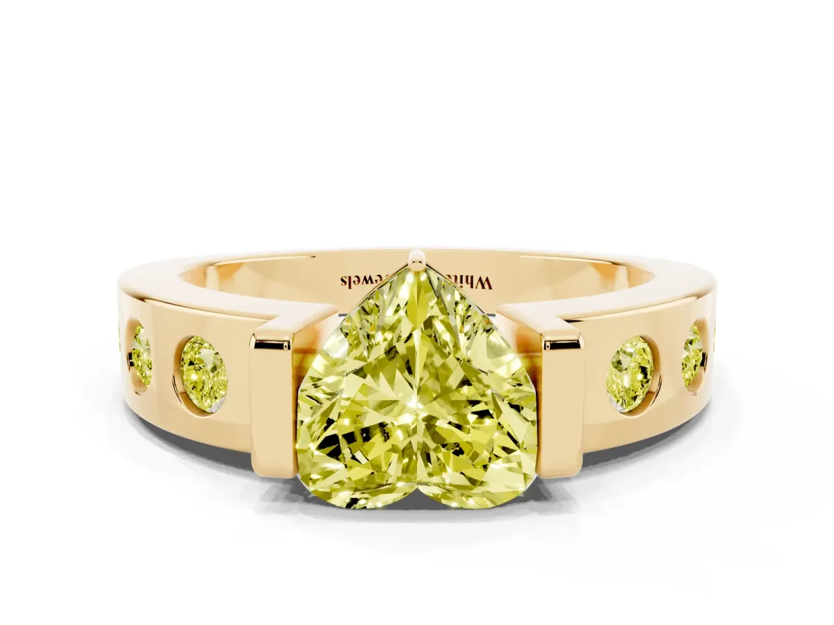 Fancy Yellow Heart Cut Brilliant Channel-Set Diamond Ring with Bezel Prong Setting Yellow gold