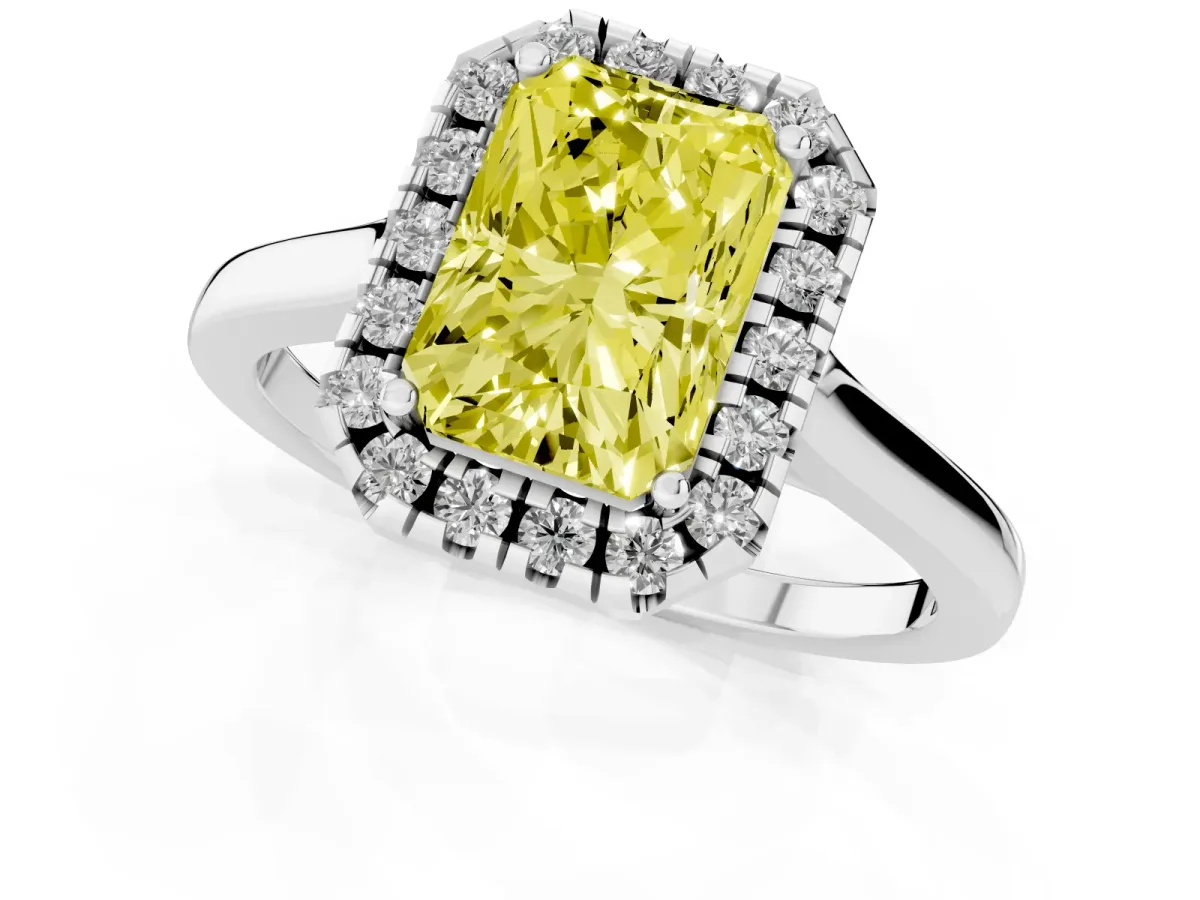 Fancy Yellow Radiant Cut Halo Round Diamond Solitaire Ring with Pavé Band and Four-Prong Setting Silver