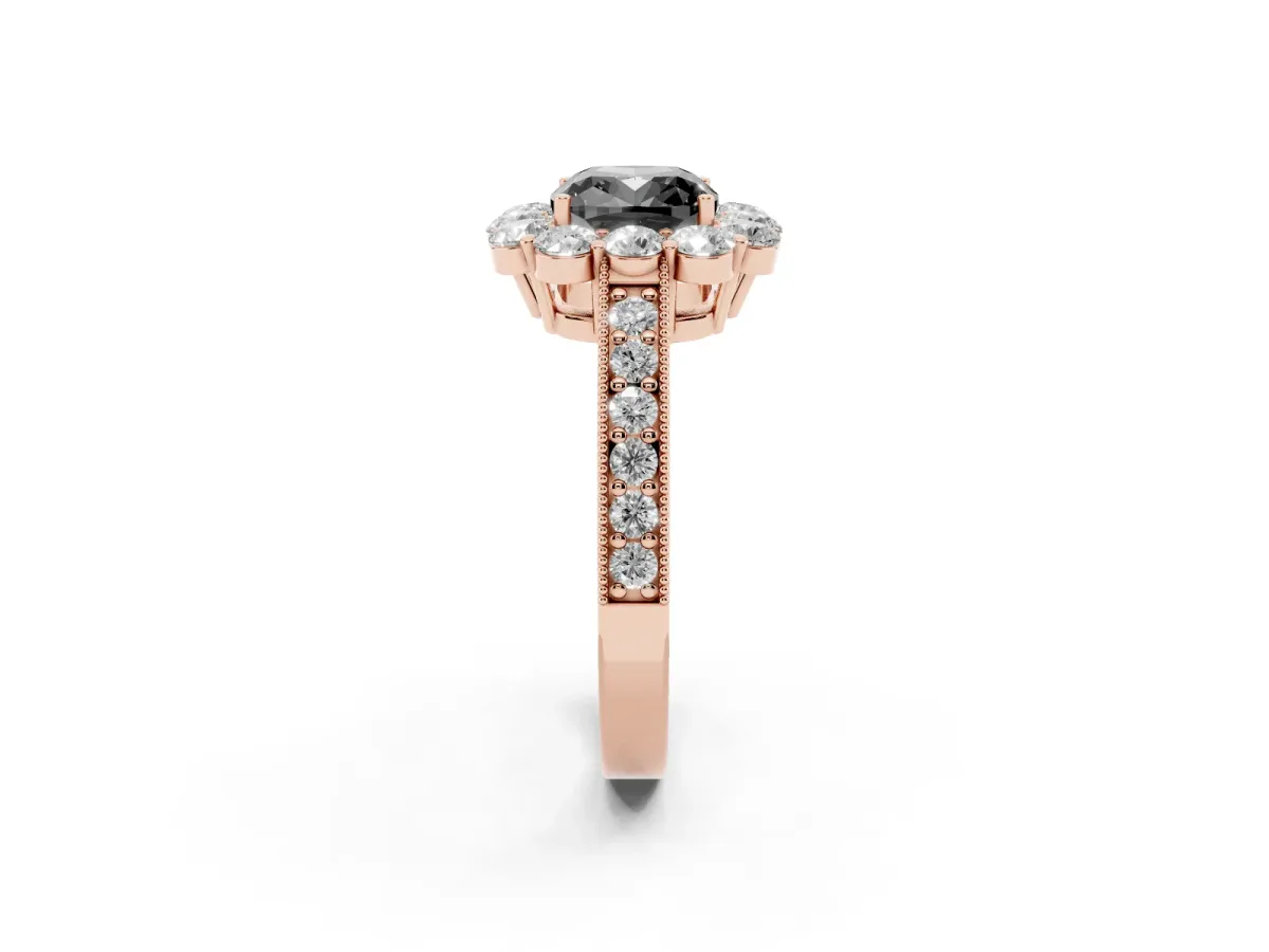 Fancy Black Cushion Cut Cut Halo Diamond Pavé Engagement Ring with Milgrain Detailing Rose gold