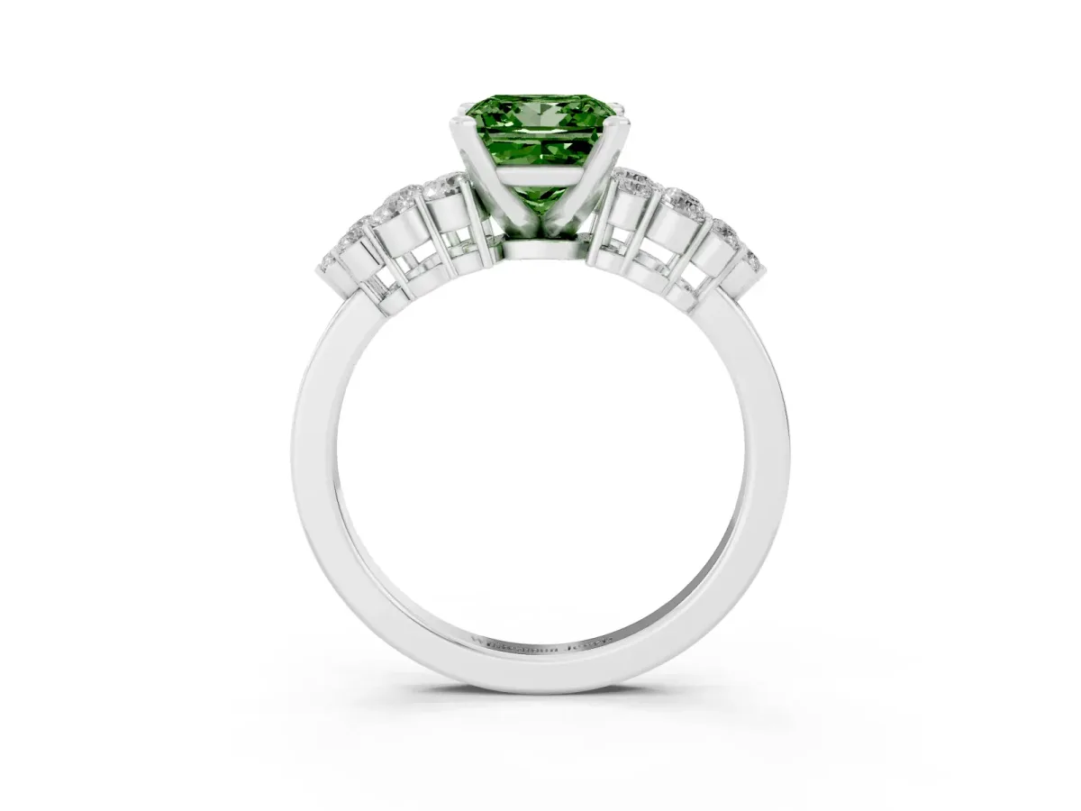 Fancy Green Princess Cut Cluster Diamond Engagement Ring with Pavé Band and Four-Prong Setting Platinum