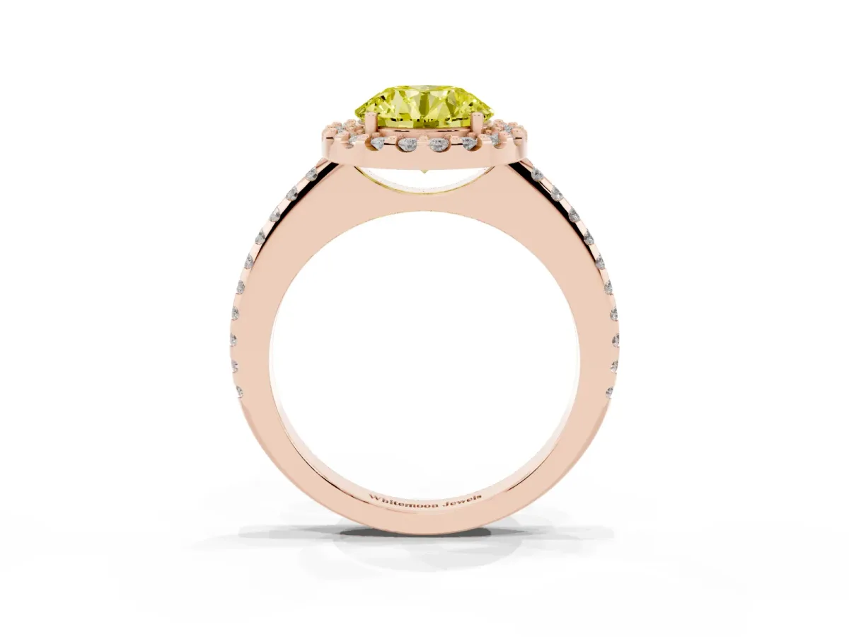 Fancy Yellow Round Cut Diamond Pavé Halo Ring with Four-Prong Setting Rose gold