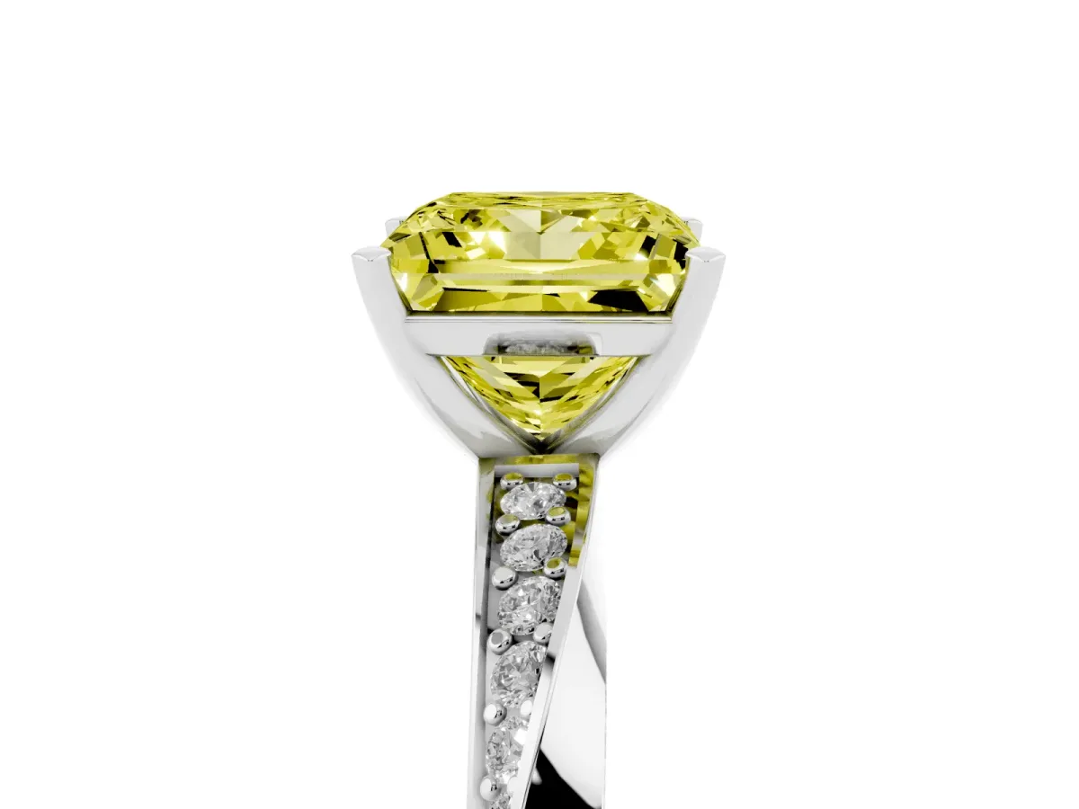 Fancy Yellow Princess Cut Diamond Engagement Ring with Side Stone Accents and Four-Prong Setting Silver