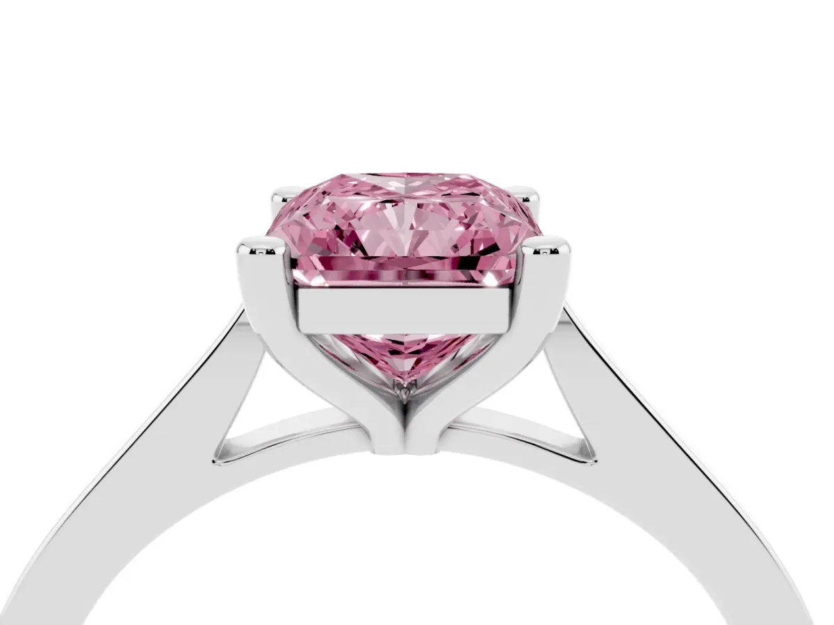 Fancy Pink Radiant Cut Solitaire Diamond Ring with Four-Prong Setting and Tapered Band White gold