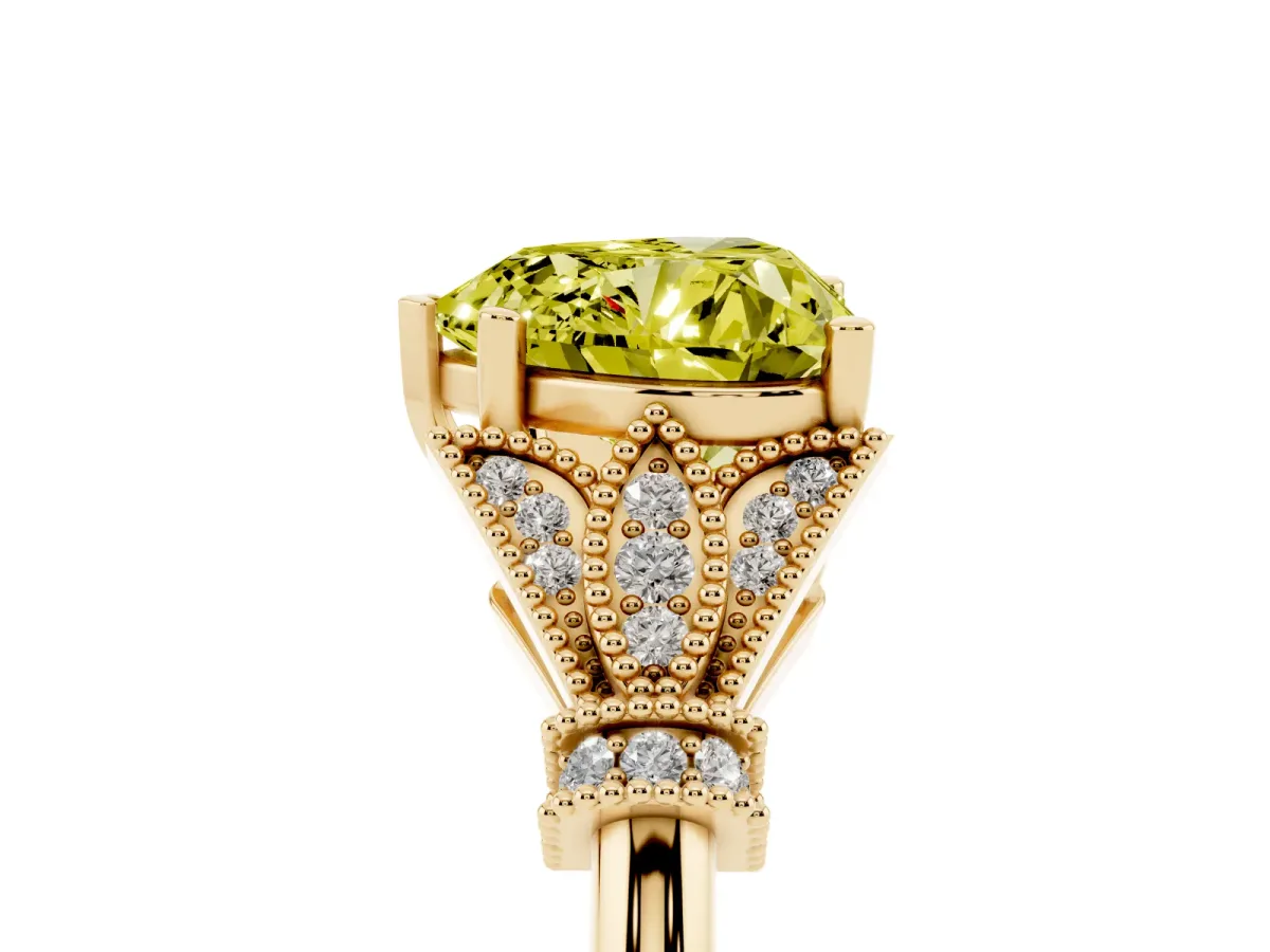 Fancy Yellow Heart Cut Diamond Solitaire Ring with Floral Filigree and Pave Accents Yellow gold