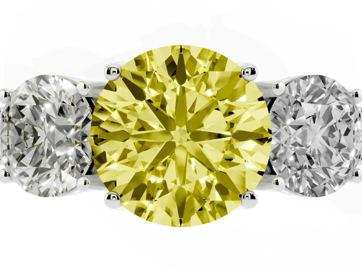 Fancy Yellow Three-Stone Round Cut Cut Milgrain Pavé Engagement Ring White gold