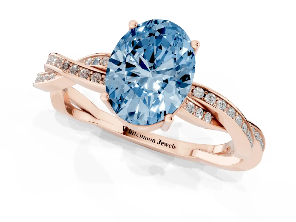 Fancy Blue Oval Cut Solitaire Twisted Pave Diamond Ring with Four-Prong Setting Rose gold