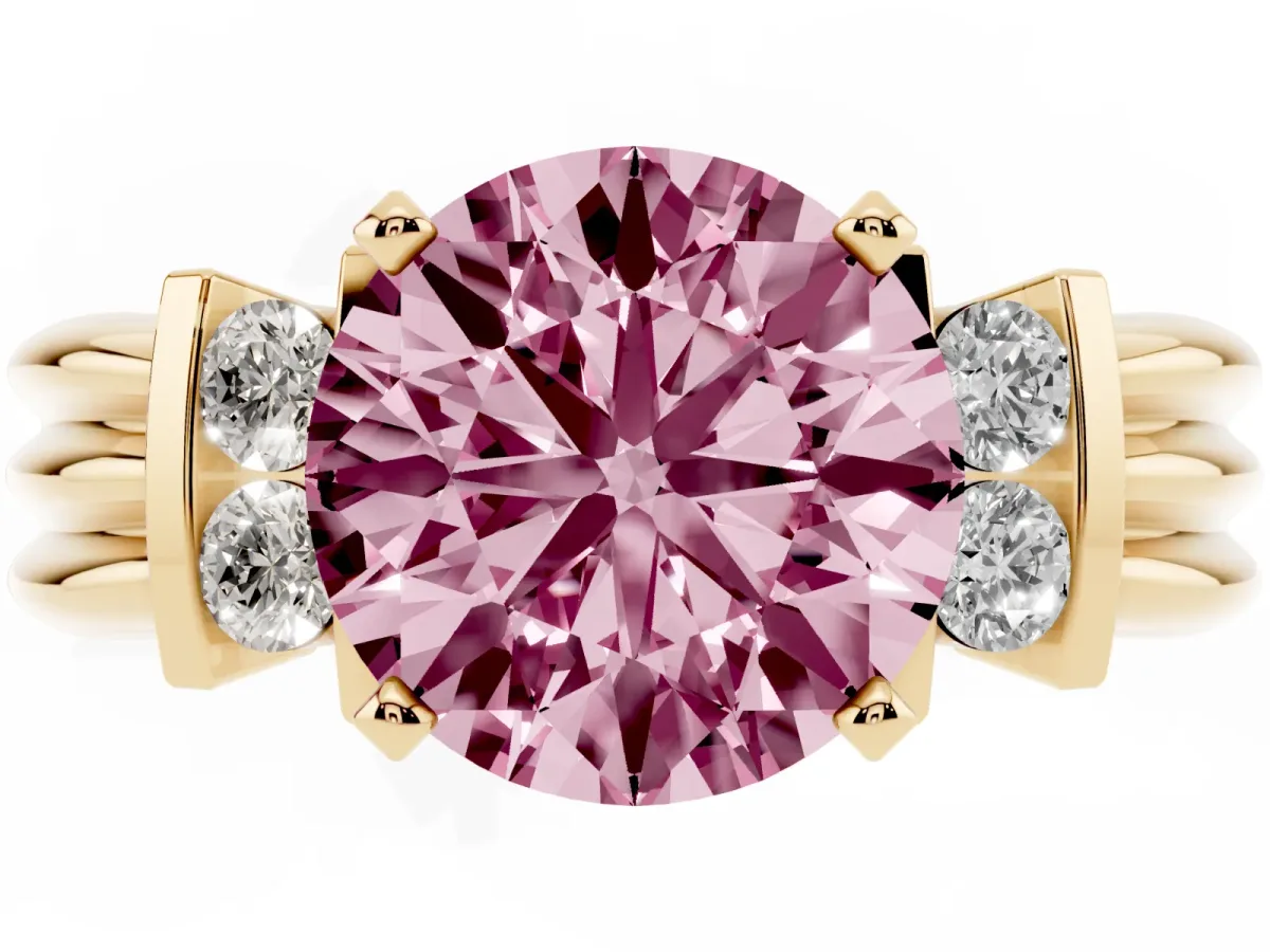 Fancy Pink Round Cut Cut Three-Stone Channel Set Ring with Bar Prongs Yellow gold