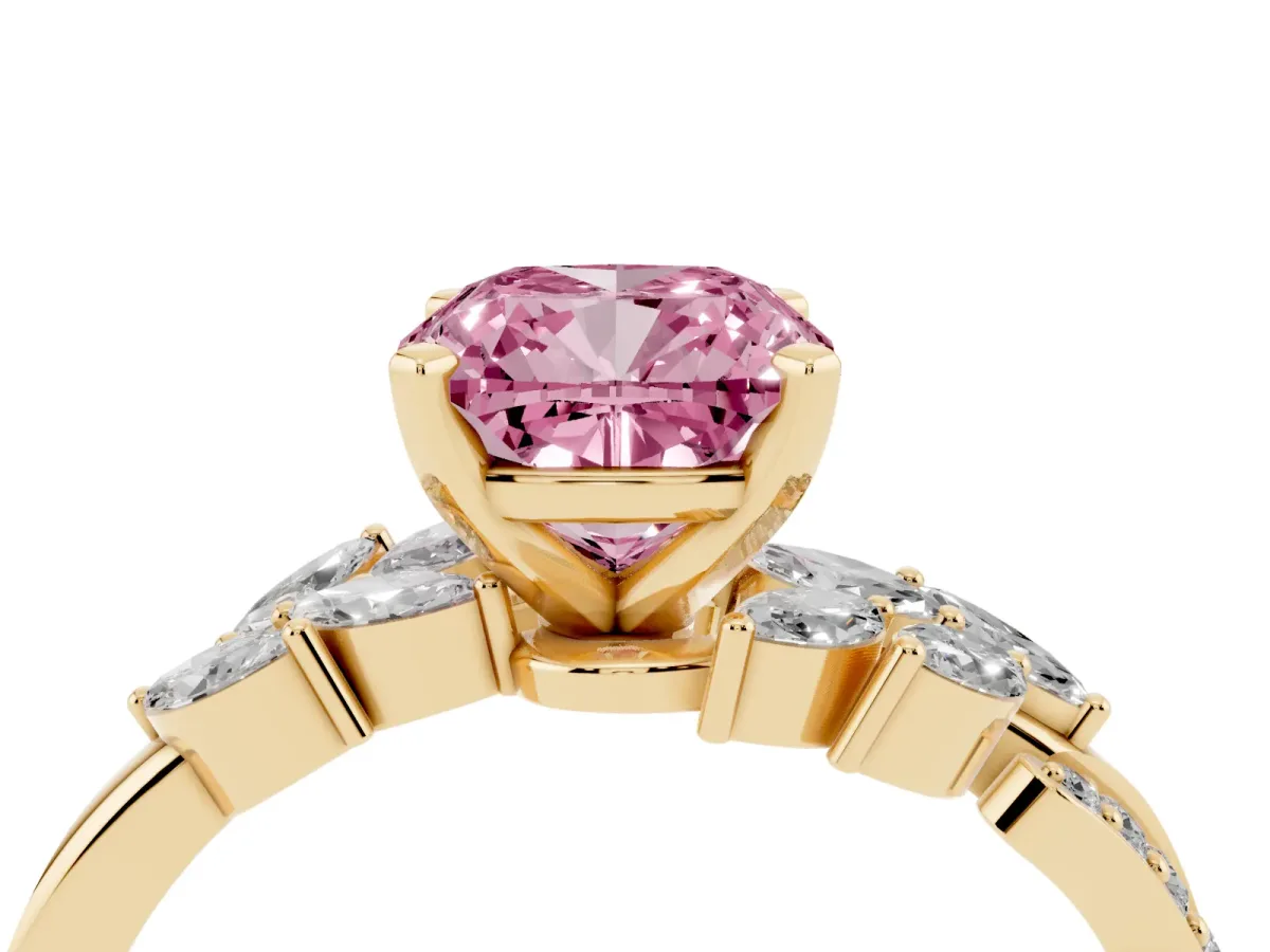 Fancy Pink Cushion Cut Solitaire Marquise Twist Band with Six-Prong Setting Yellow gold