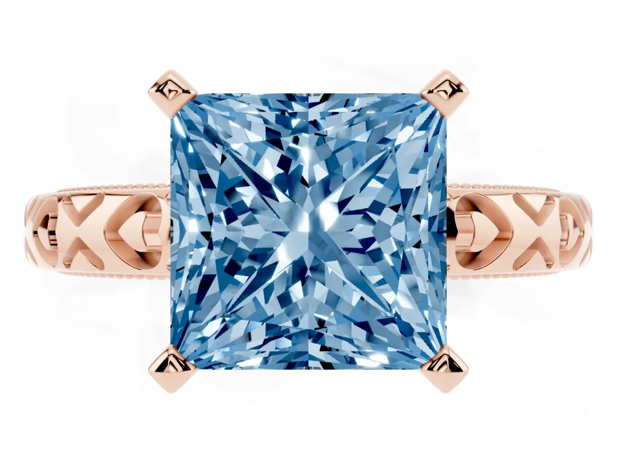 Fancy Blue Princess Cut Solitaire Diamond Engagement Ring with XO Engraved Band and Four-Prong Setting Rose gold