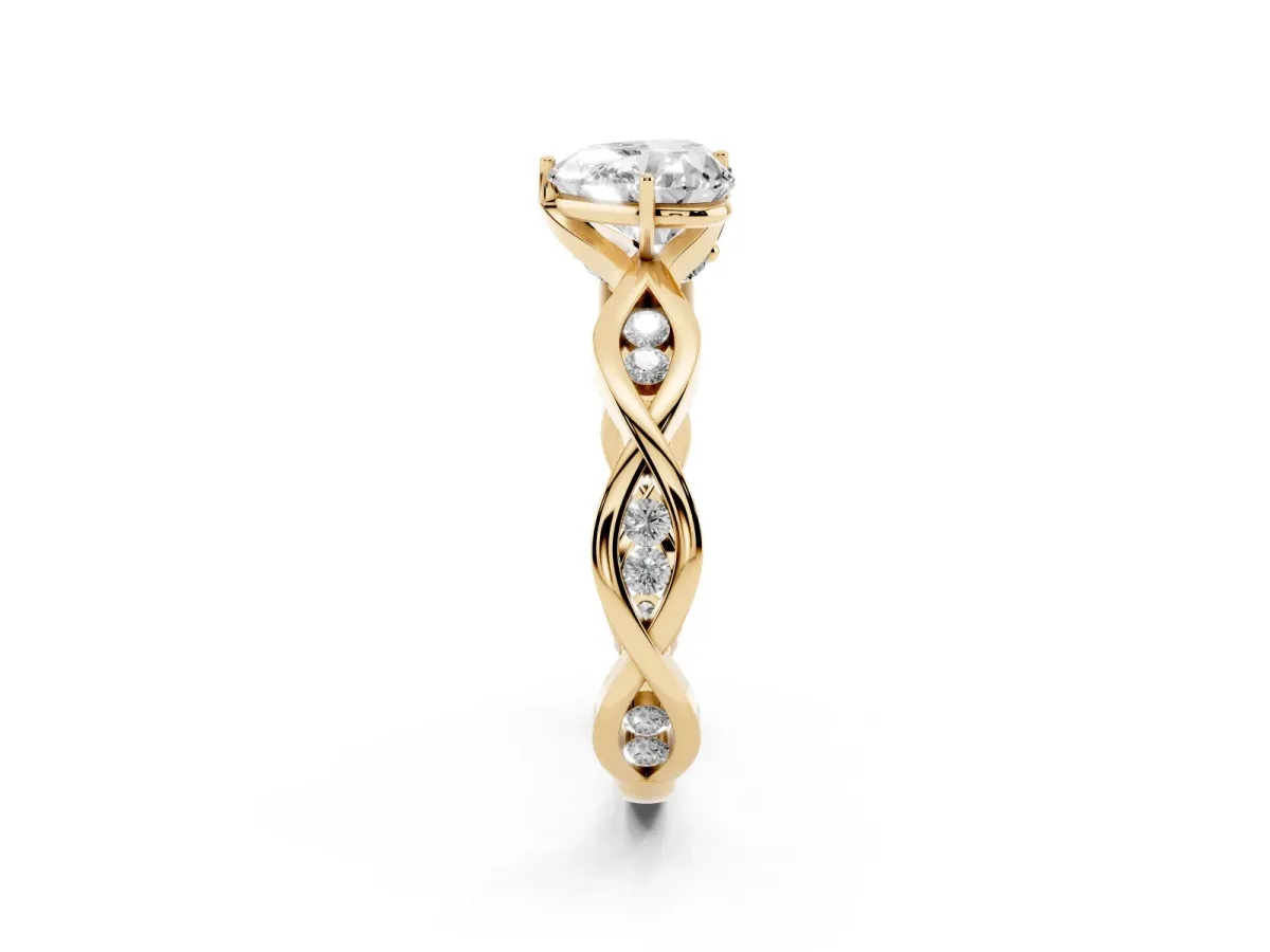 Heart Cut Solitaire Twist Band with Leaf Prong Setting Yellow gold