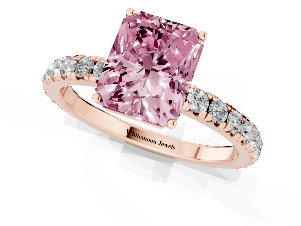 Fancy Pink Radiant Cut Diamond Pavé Solitaire Engagement Ring with Four-Prong Setting Rose gold