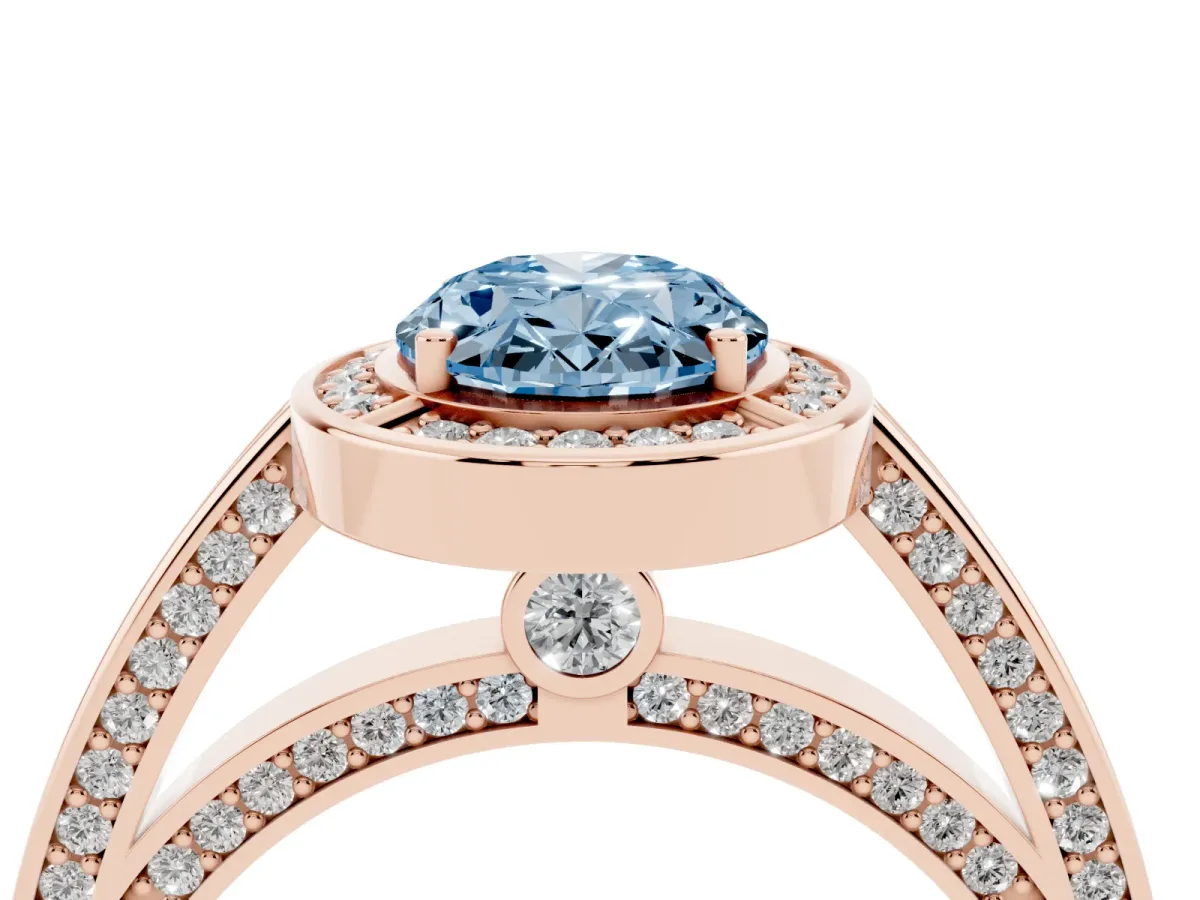 Fancy Blue Oval Cut Cut Halo Pave Split Shank Prong Setting Ring Rose gold