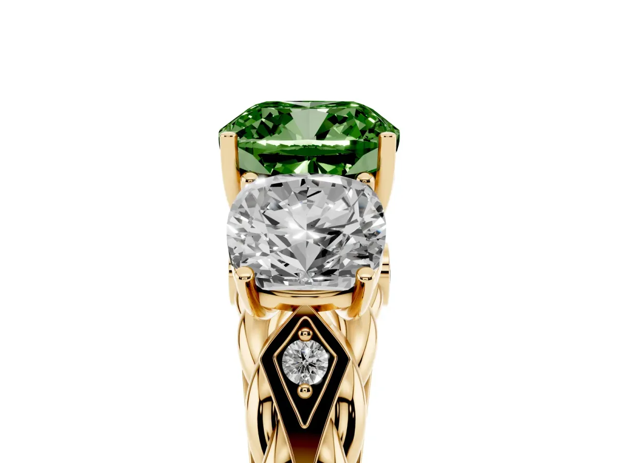 Fancy Green Three-Stone Cushion Cut Diamond Braided Band Ring with Four-Prong Setting Yellow gold
