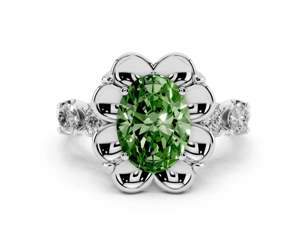 Fancy Green Oval Cut Cut Diamond Floral Halo Engagement Ring with Shared Prong Setting Silver