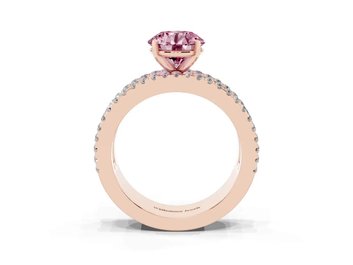 Fancy Pink Round Cut Diamond Solitaire Ring with Pavé and Channel Set Band Rose gold