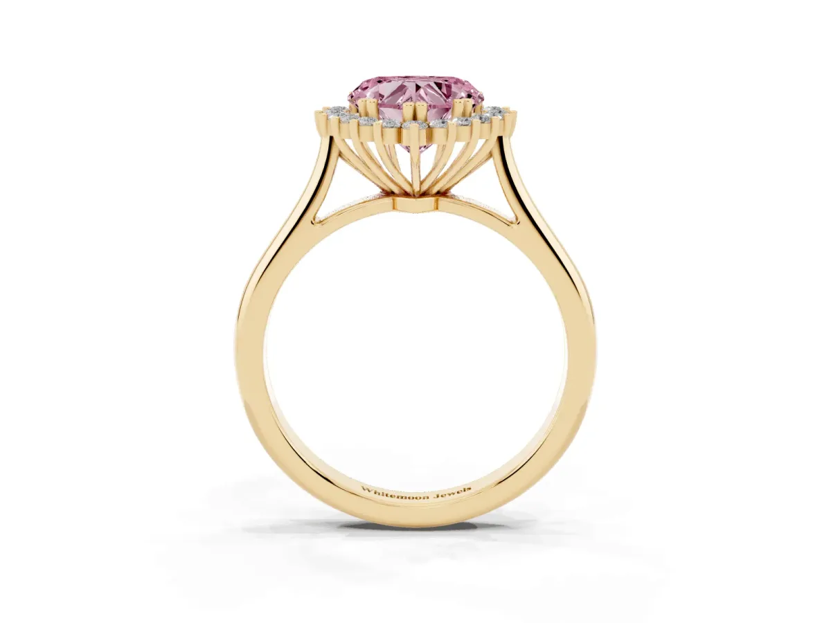 Fancy Pink Heart Cut Cut Diamond Halo Ring with Solitaire Band and Prong Setting Yellow gold