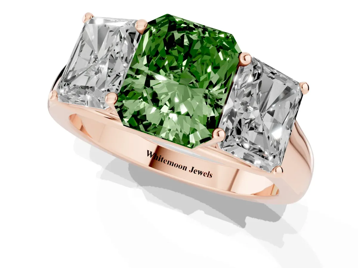 Fancy Green Radiant Cut Three-Stone Diamond Ring with Prong Setting on a Classic Band Rose gold