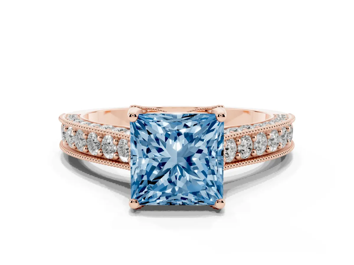 Fancy Blue Princess Cut Cut Diamond Solitaire Ring with Milgrain Pave Band and Four Prong Setting Rose gold