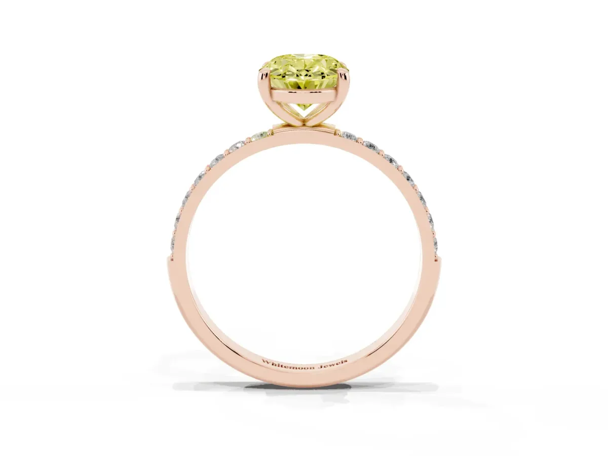 Fancy Yellow Oval Cut Diamond Solitaire Ring with Round Pavé Band and Prong Setting Rose gold