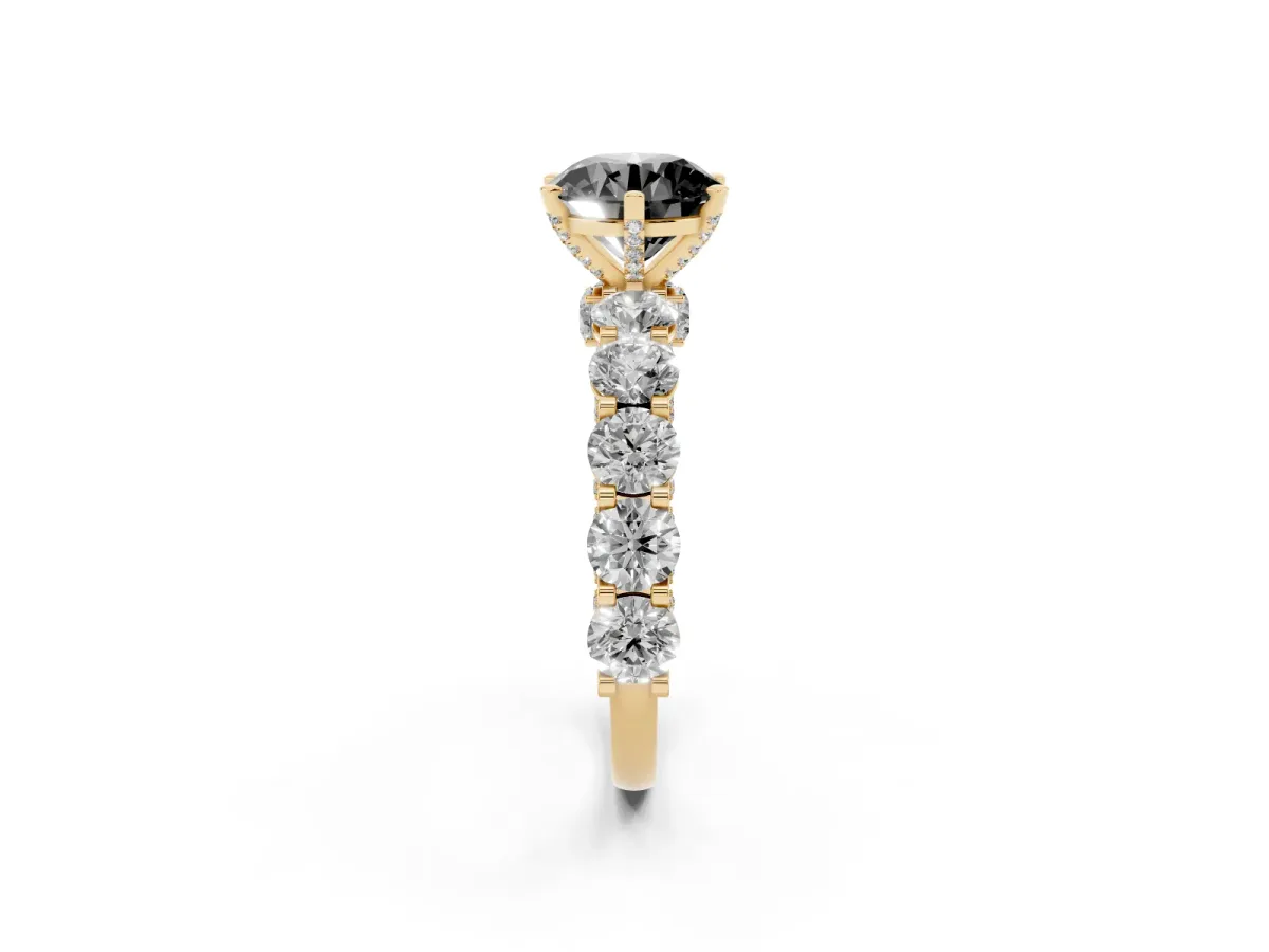 Fancy Black Round Cut Diamond Side Stone Engagement Ring with Four-Prong Setting Yellow gold