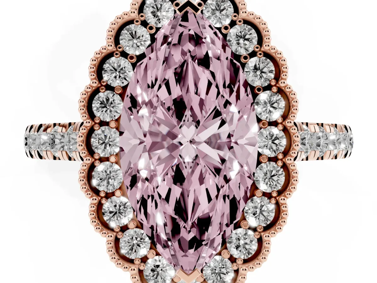 Fancy Pink Marquise Cut Cut Diamond Milgrain Floral Halo Engagement Ring with Pavé Band Rose gold