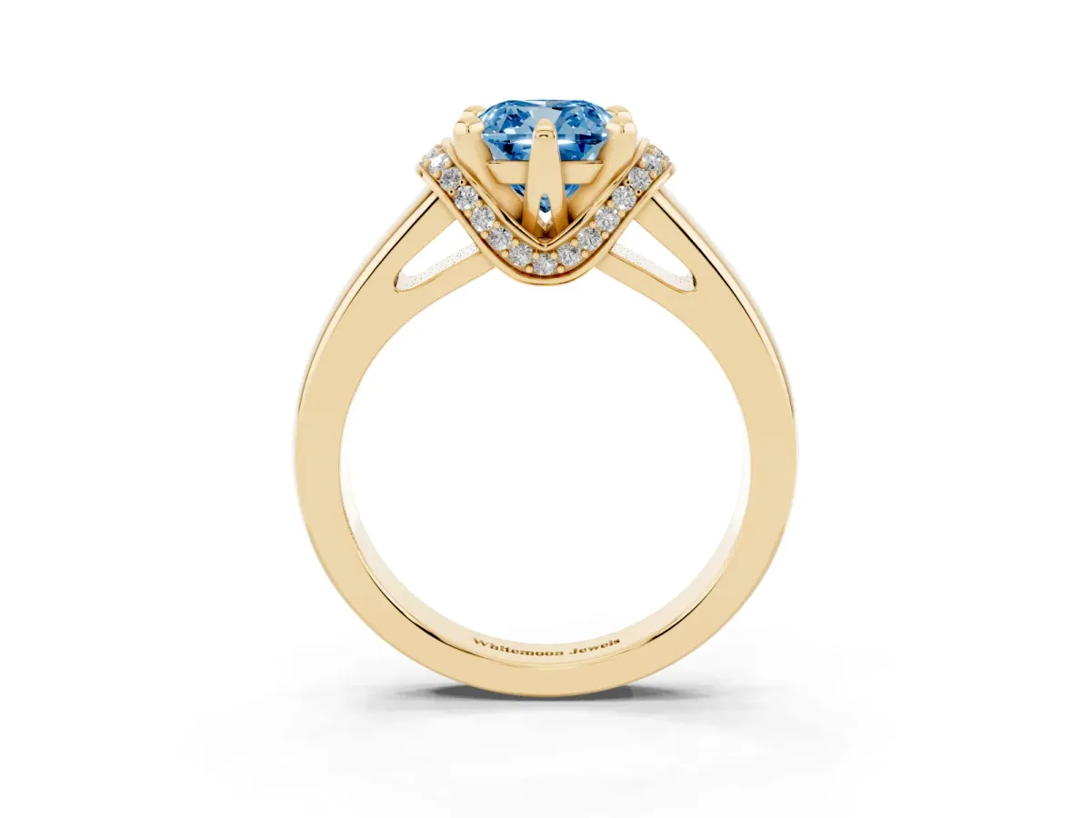 Fancy Blue Cushion Cut Solitaire Diamond Ring with Pave Band and Six-Prong Setting Yellow gold