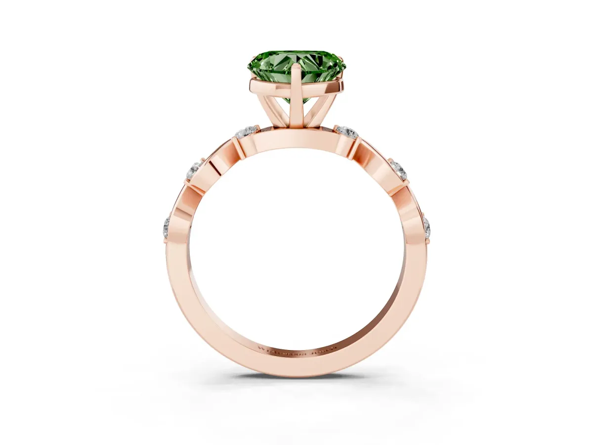 Fancy Green Heart Cut Diamond Solitaire Twisted Band with Round Accents and Prong Setting Rose gold
