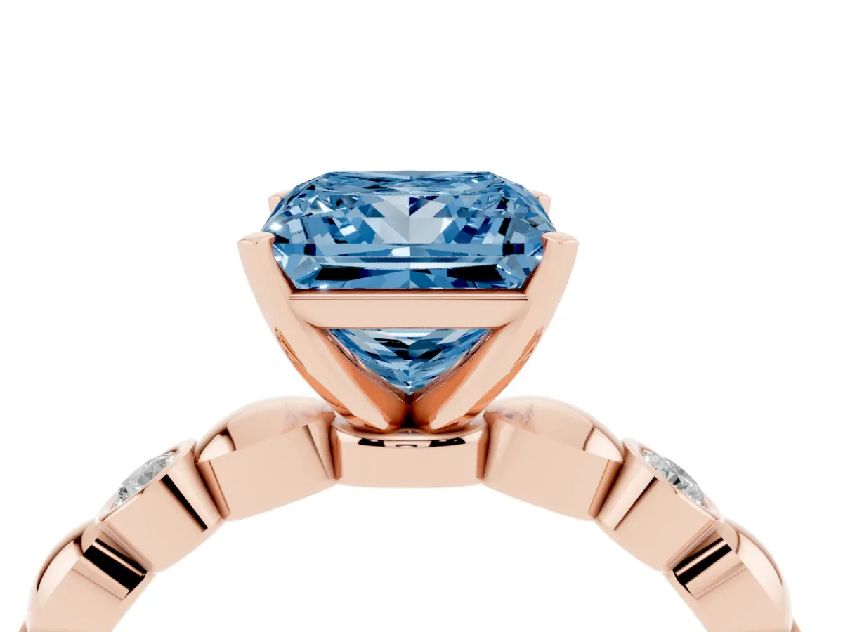 Fancy Blue Princess Cut Solitaire Bezel-Set Diamond Ring with Beaded Band and Four-Prong Setting Rose gold