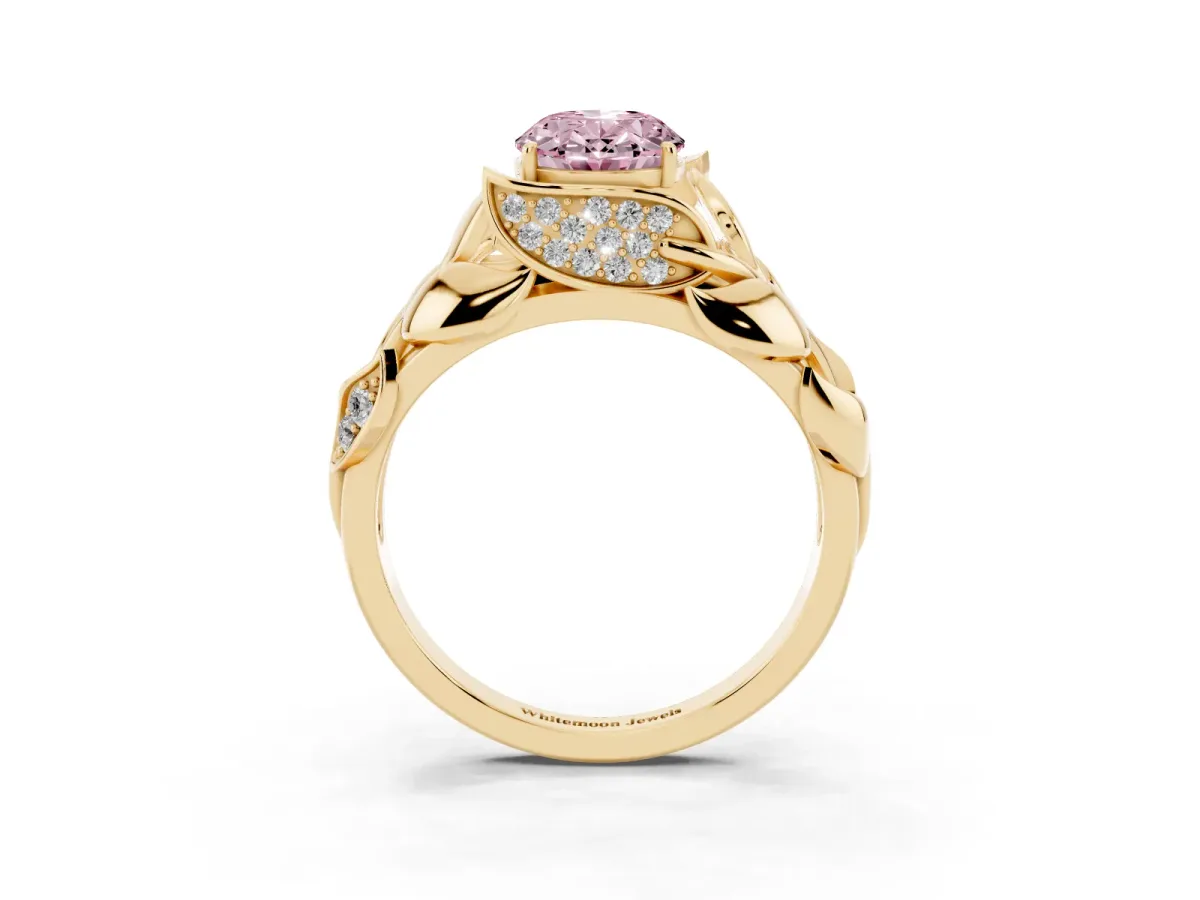 Fancy Pink Oval Cut Diamond Leaf-Inspired Engagement Ring with Round Accents and Prong Setting Yellow gold