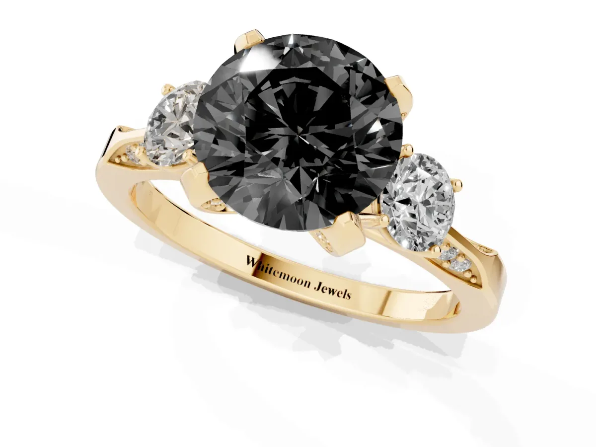 Fancy Black Round Cut Brilliant Three-Stone Diamond Ring with Pavé Band and Four-Prong Setting Yellow gold