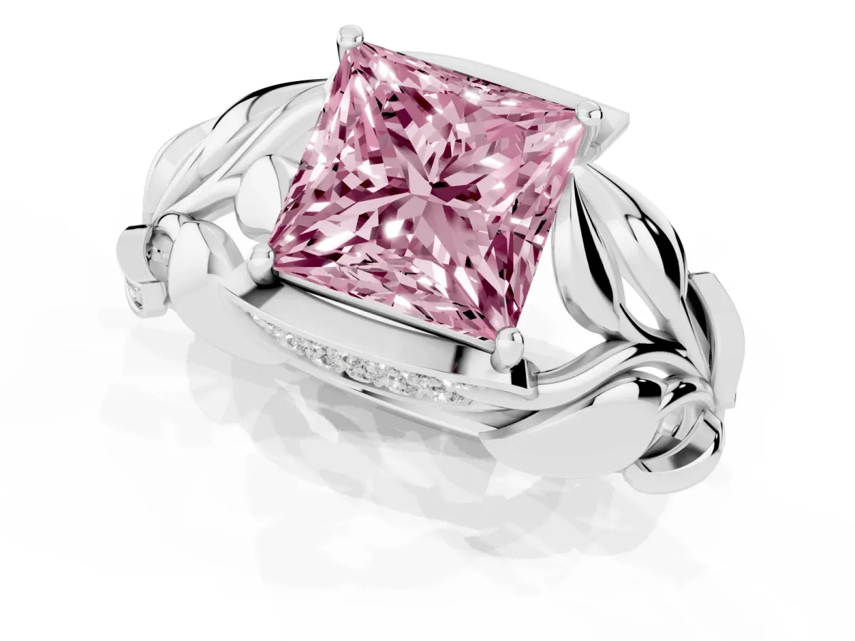 Fancy Pink Princess Cut Diamond Leaf-Inspired Engagement Ring with Round Accents and Prong Setting Platinum