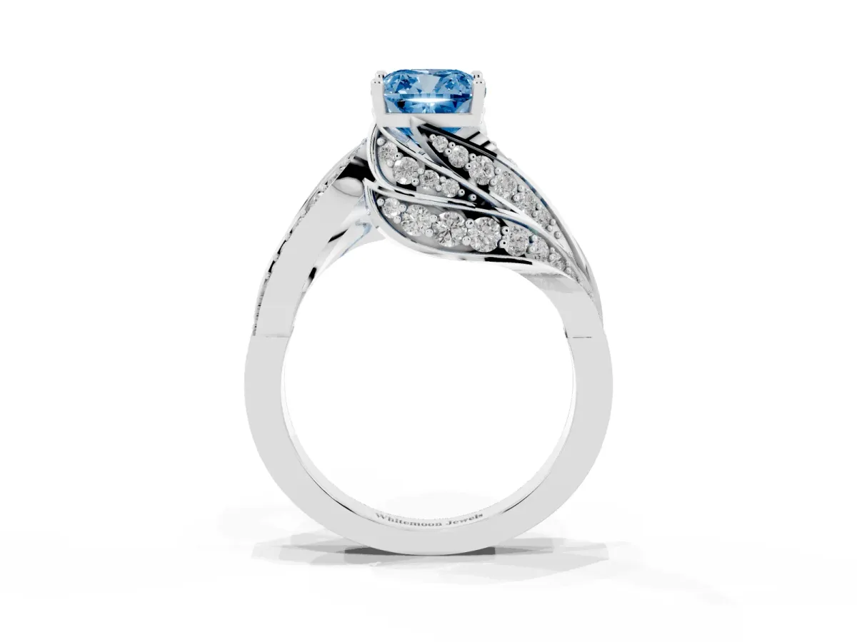 Fancy Blue Cushion Cut Diamond Solitaire Ring with Prong Setting and Twisted Pavé Band Silver