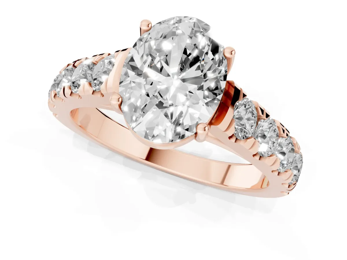 Oval Cut Cut Diamond Solitaire Ring with Micro Pave Band and Prong Setting Rose gold