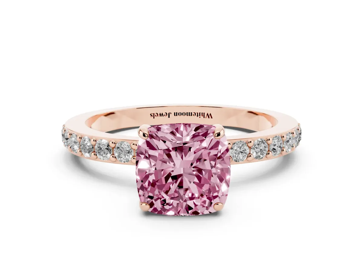Fancy Pink Cushion Cut Diamond Pavé Engagement Ring with Round Accents and Prong Setting Rose gold