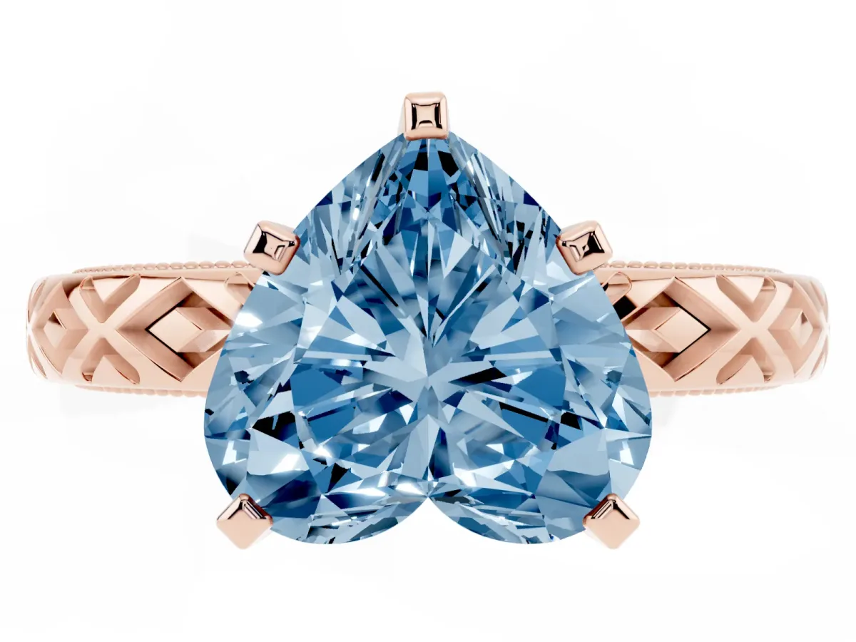 Fancy Blue Heart Cut Solitaire Diamond Ring with Milgrain and Black Enamel X Pattern Band Rose gold
