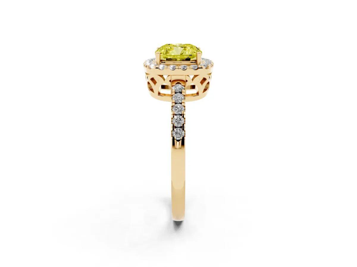 Fancy Yellow Cushion Cut Halo Diamond Engagement Ring with Pavé Band and Four-Prong Setting Yellow gold