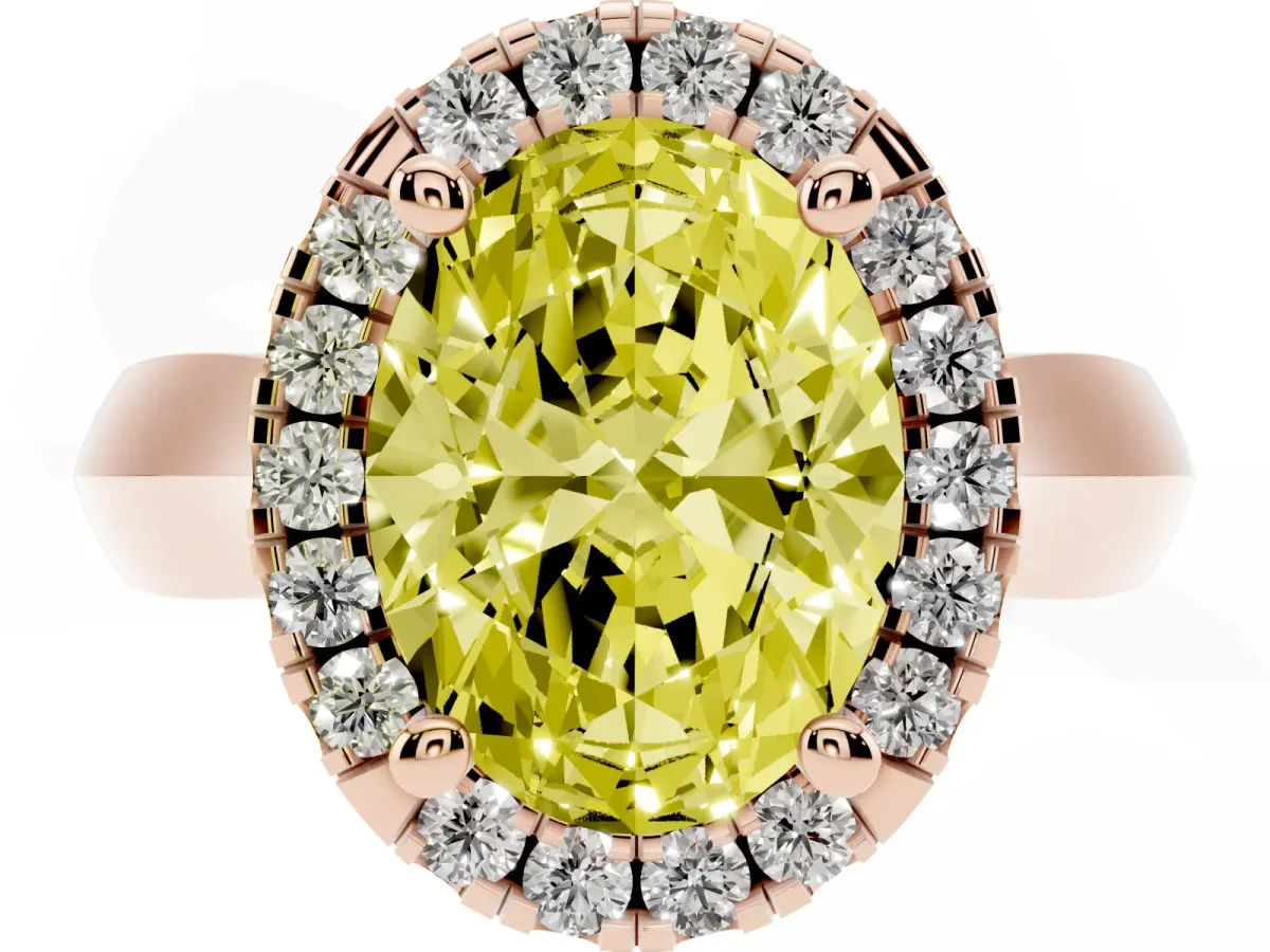 Fancy Yellow Oval Cut Cut Halo Solitaire Engagement Ring with Square Band and Four-Prong Setting Rose gold
