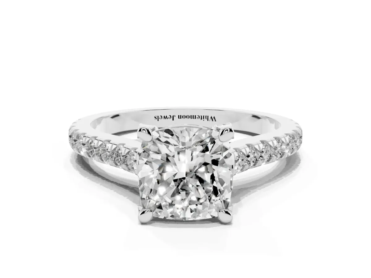 Cushion Cut Brilliant Diamond Solitaire with Pavé Band and Four-Prong Setting Silver