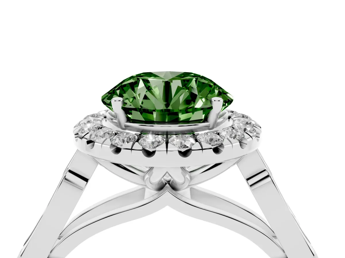 Fancy Green Round Cut Halo Diamond Engagement Ring with Filigree Band and Four-Prong Setting Platinum