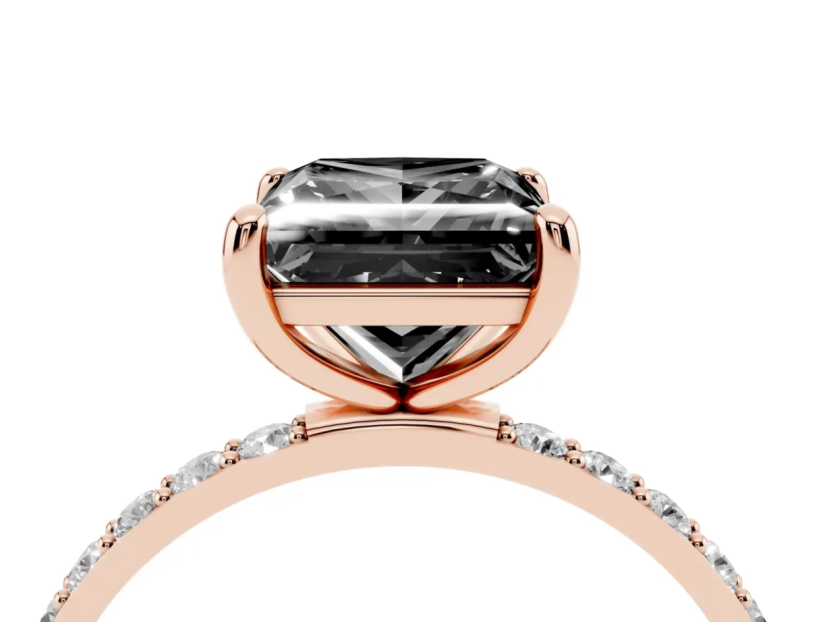 Fancy Black Princess Cut Diamond Solitaire Ring with Round Pavé Band and Prong Setting Rose gold