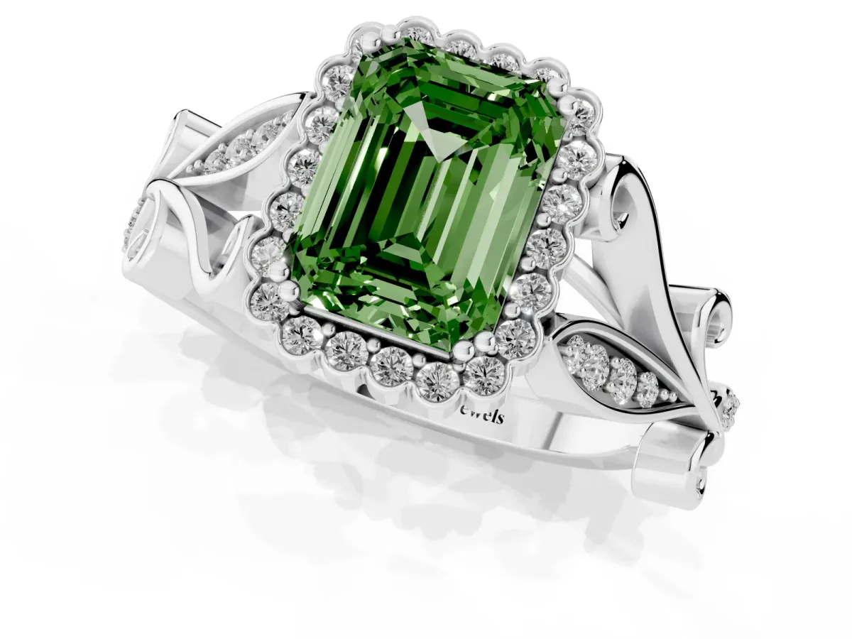 Fancy Green Emerald Cut Diamond Halo Ring with Vintage Split Shank and Four-Prong Setting Silver