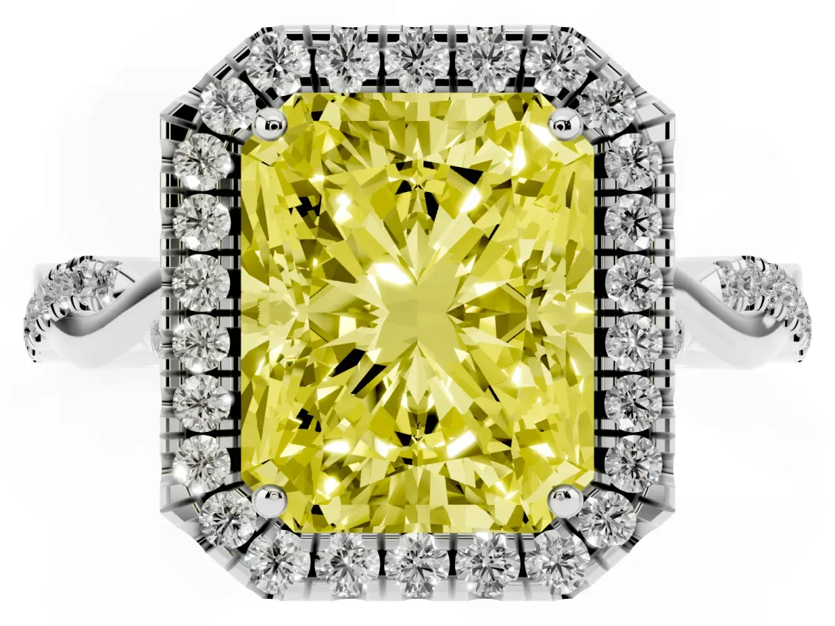 Fancy Yellow Radiant Cut Halo Twist Band Solitaire Ring Silver