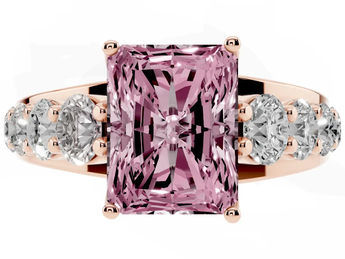 Fancy Pink Radiant Cut Diamond Engagement Ring with Pavé Band and Four-Prong Setting Rose gold