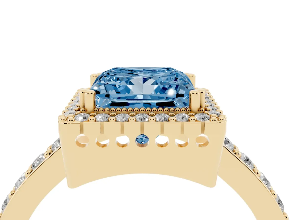 Fancy Blue Princess Cut Cut Diamond Halo Engagement Ring with Milgrain Detail and Pavé Band Yellow gold