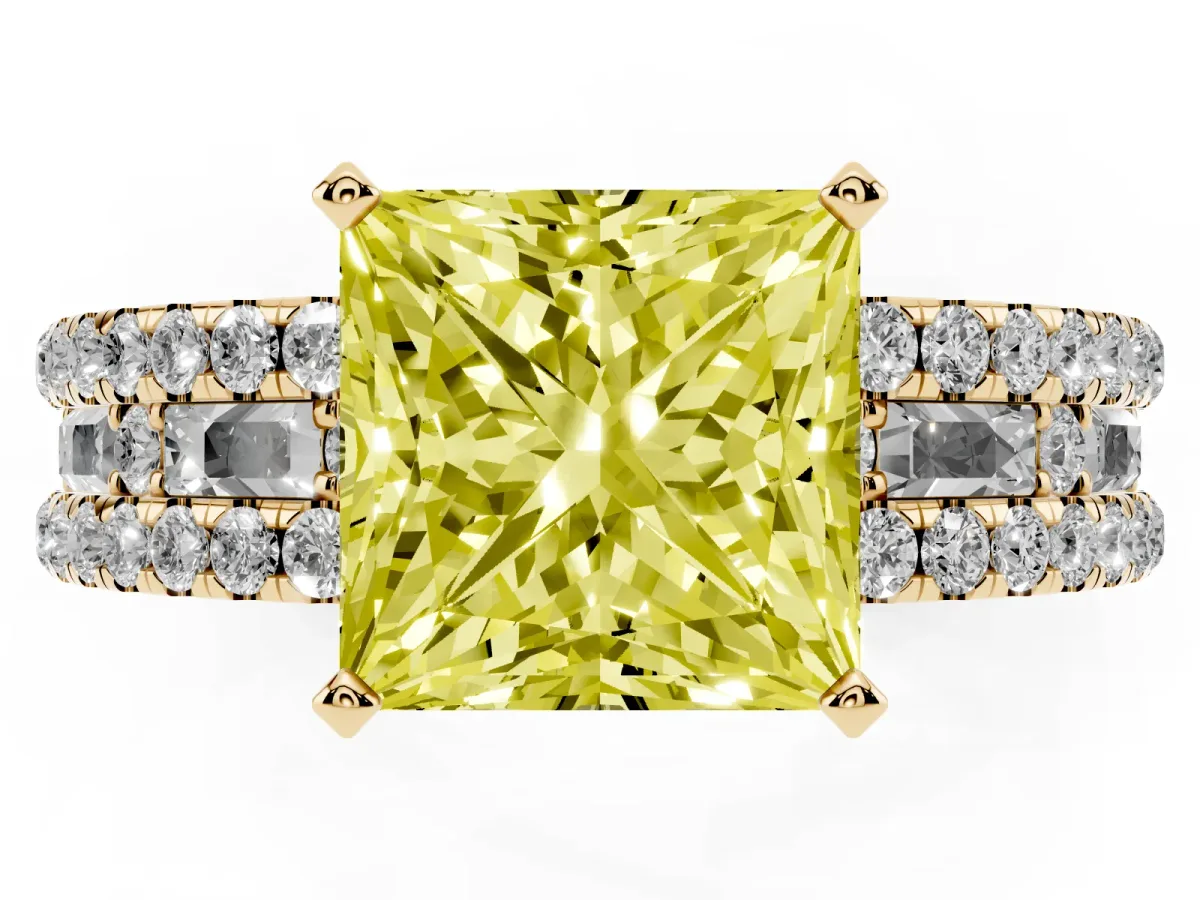 Fancy Yellow Princess Cut Diamond Solitaire Ring with Pavé and Channel Set Band Yellow gold