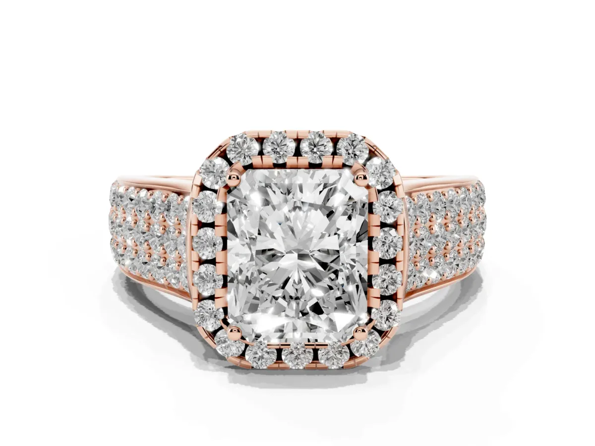 Radiant Cut Halo Round Diamond Pave Band with Prong Setting Rose gold