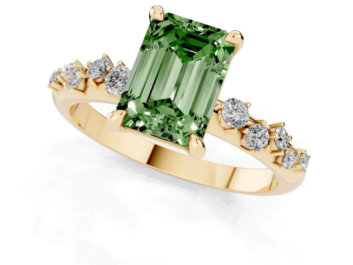 Fancy Green Emerald Cut Cut Diamond Vine Band with Four-Prong Setting Yellow gold