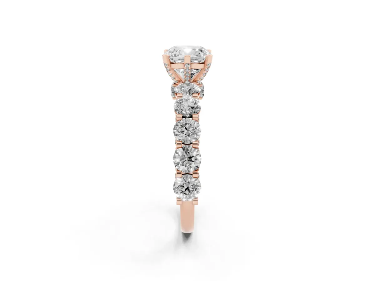 Cushion Cut Diamond Side Stone Engagement Ring with Four-Prong Setting Rose gold