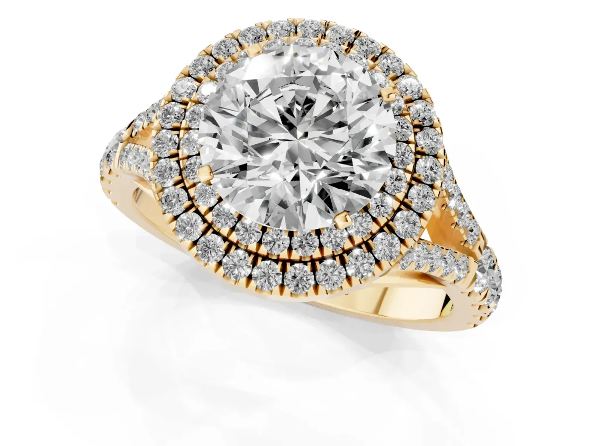 Round Cut Diamond Pavé Split Shank Double Halo Engagement Ring Yellow gold